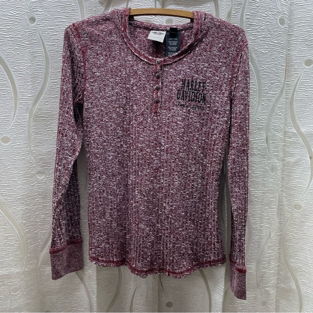 Harley-Davidson Hooded Henley Womens Burgundy Marled Rib Knit‎ Excellent Logo